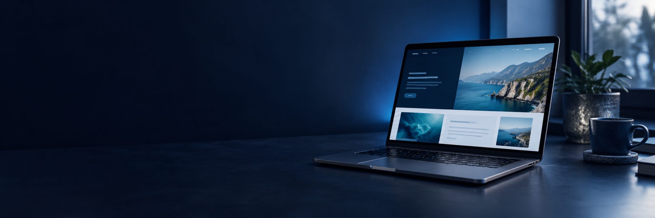 A laptop on a dark desk by a window, with a website on the screen