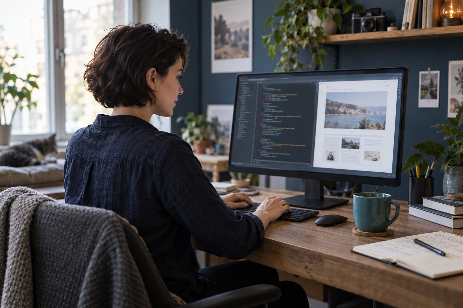 Someone working at a wide screen with code on the left and the website beside it
