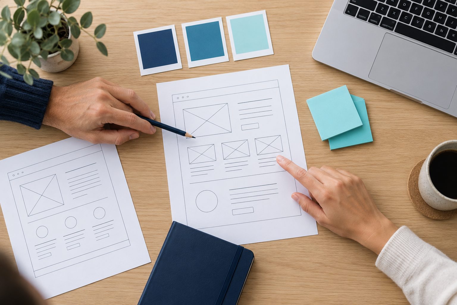 Two people sketching the layout of a website on paper, with colour swatches beside them