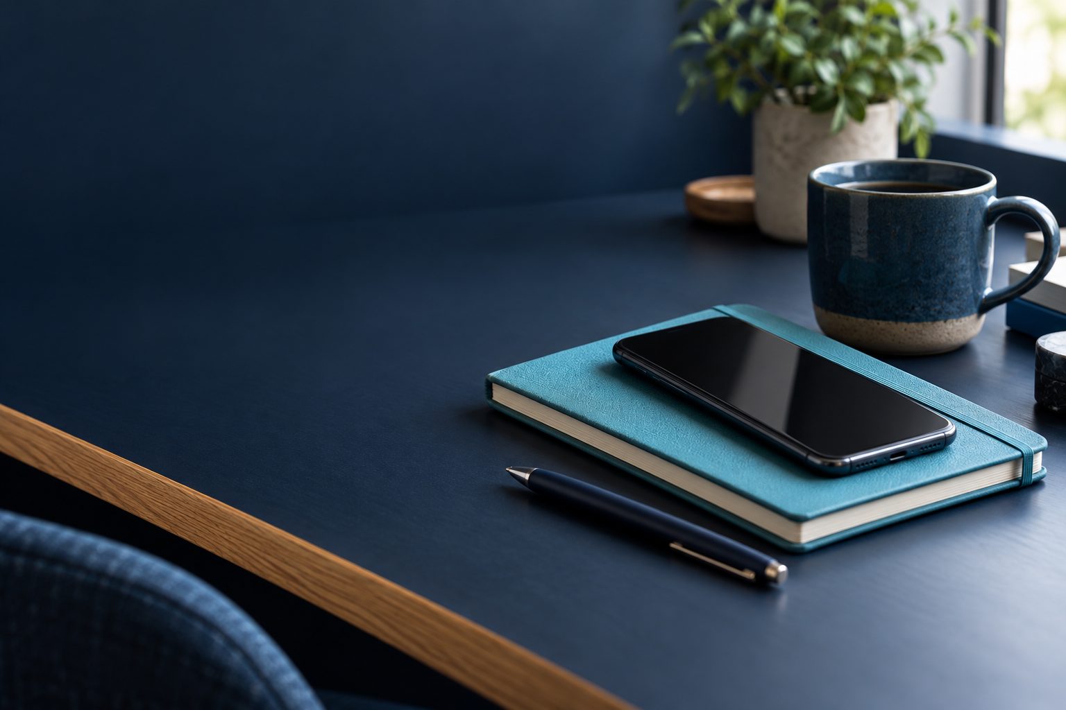 A tidy desk with a notebook, a phone and a cup of coffee