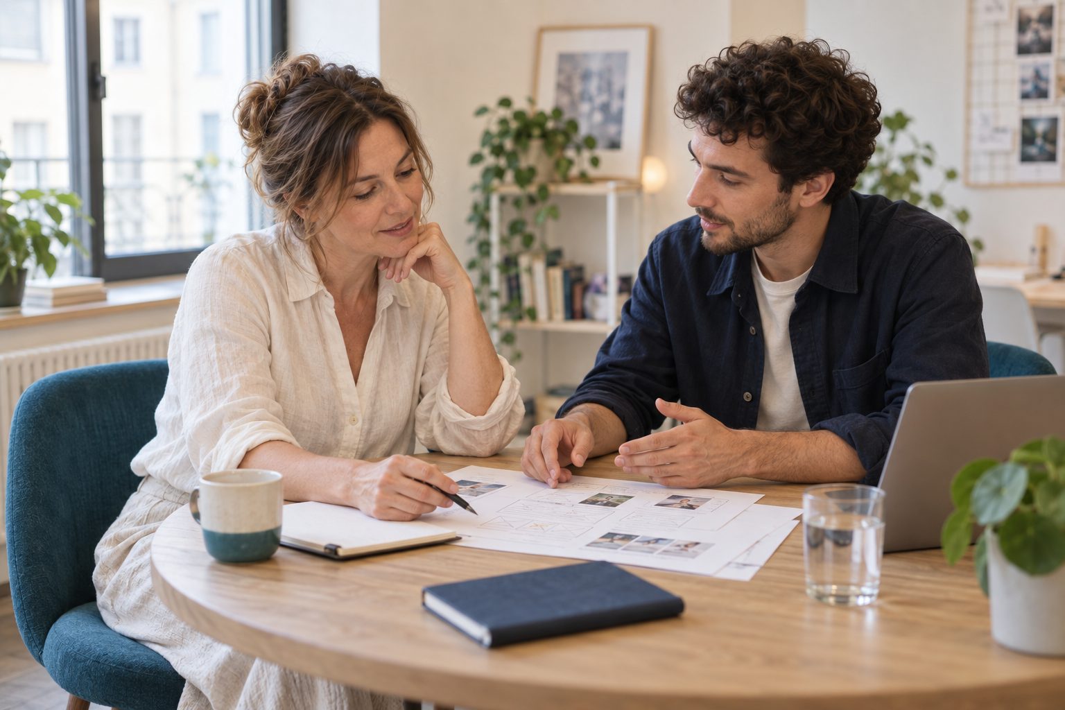 Two people going through a printed design together at a table