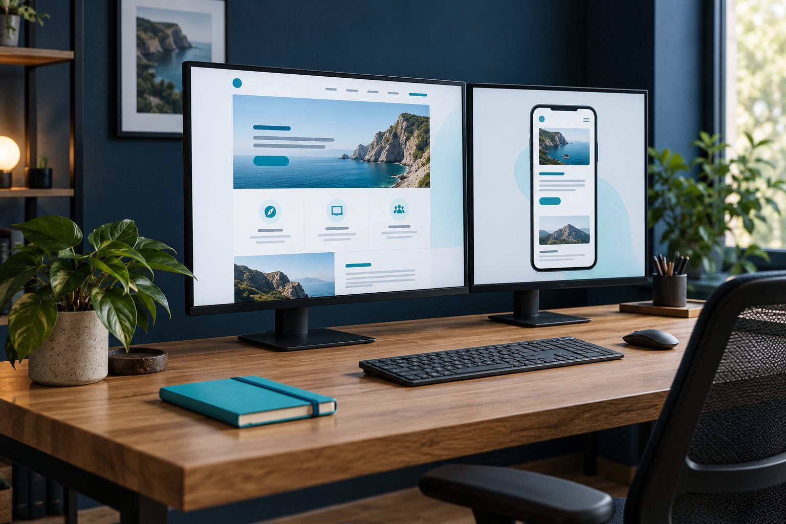 A workspace with two screens: the same website side by side on a large screen and on a phone